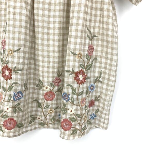 Karyn Seo X Athleta Blouse Women's Sz Small Embroidered Linen Gingham Tan White - Picture 4 of 6